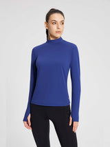 Blue mock-neck thermal ski base top with thumbholes for women #color_Navy Blue