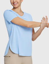 Woman wearing light blue UPF 50+ crew neck tee with split hem and beige outdoor shorts, stretching. #color_Kentucky Blue