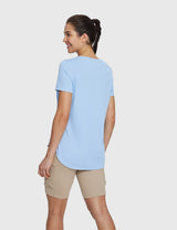Woman in light blue UPF 50+ tee and tan high-rise shorts, part of Everyday Outdoor Set. #color_Kentucky Blue