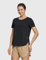 Casual trail ready set: black UPF 50+ crew neck tee & tan DWR shorts. #color_Black