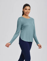 Baleaf Women's High Split Crew Neck T-shirts Stone Blue Side