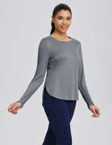 Baleaf Women's High Split Crew Neck T-shirts Harbor Mist Side