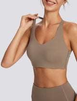 Taupe spaghetti strap low impact yoga bra with V-neck
