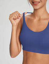 Blue Y-back low strength bra from Move-Freely Comfort Set, strap detail. #color Weathered Teak