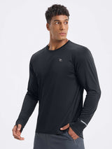 Men's black long sleeve cycling shirt with thumbholes and reflective wrist details. #color_Black