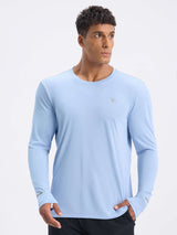 Light blue men's long sleeve cycling shirt: breathable, quick-dry, with thumbholes & reflective detail. #color_Light Blue