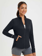 Women's black full-zip sun protection jacket with thumbholes and reflective detail. #color_Black