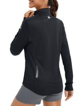 Black women's sun protection full zip jacket with reflective details and thumbholes #color_Black