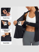 Women's black sun protection full-zip jacket with thumb straps and hidden pockets #color_Black