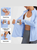Women's light blue UPF 50+ sun jacket: thumb straps, 2 hidden inner pockets, stand collar. #color_Light Blue