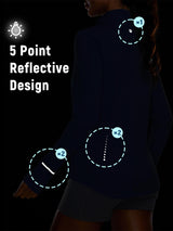 Women's navy UPF jacket with 5-point reflective design: logo, back dots, sleeve stripe for visibility. #color_Navy Blue