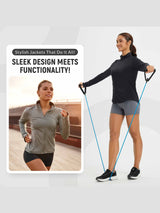 Women's sun protection full zip jackets: grey running jacket, black resistance training jacket. #color_Black