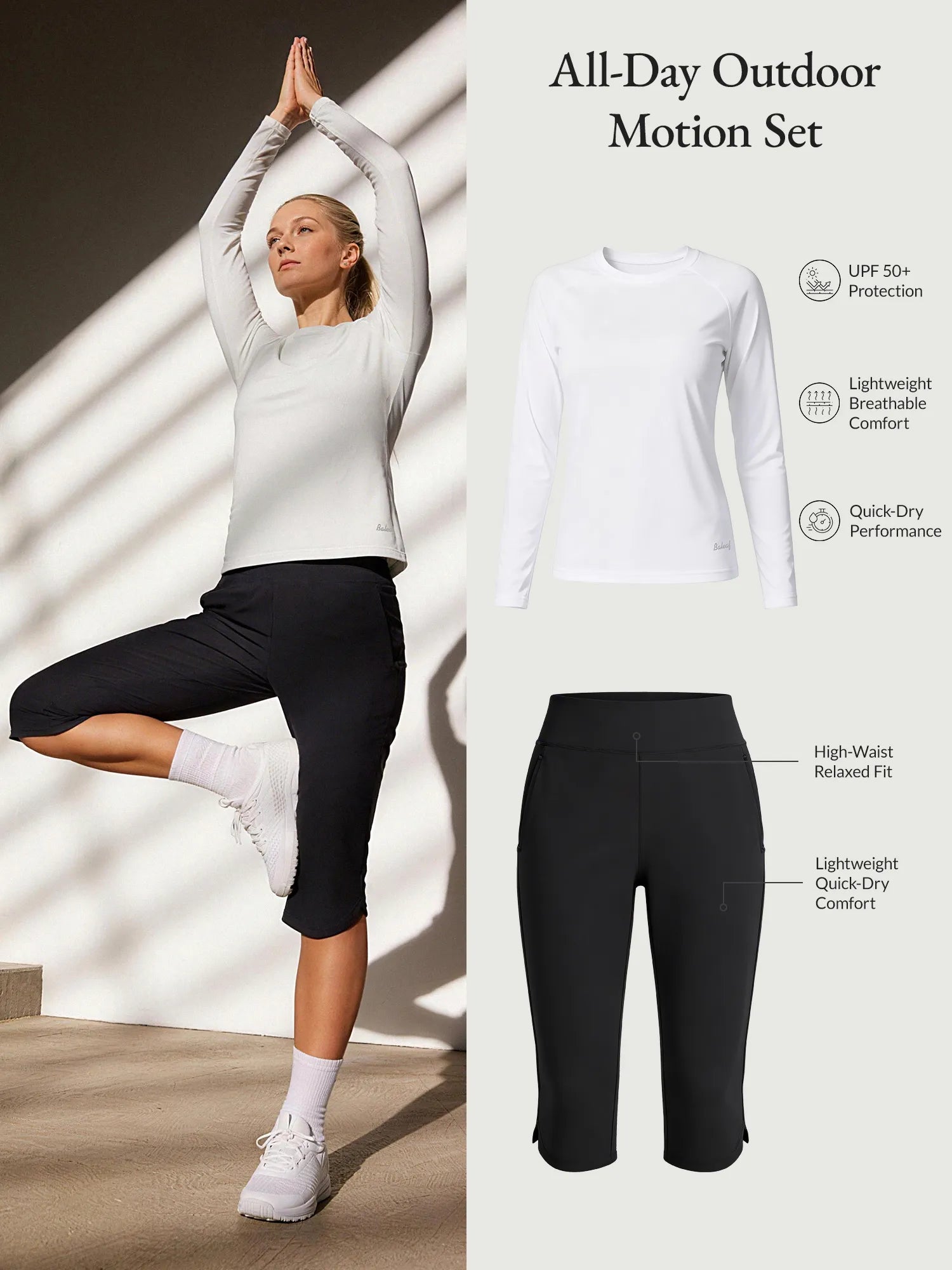 All-Day Outdoor Motion Set: Women's white UPF 50+ shirt, black hiking capris.