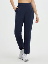 Navy blue pleated fleece slim-fit golf pants with pockets for women #color_Navy Blue