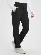 Black Knit Heavyweight Fleece Straight Ski Pants with zippered pockets and adjustable cuffs for women. #color_Black