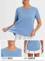 Blue women's short sleeve crew neck t-shirt with hip-length hem, demonstrating stretchy, breathable fabric. #color_Heather Light Blue