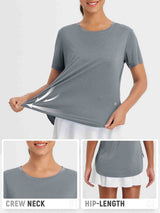 Women's grey short sleeve crew neck t-shirt, hip-length, flexible fabric. #color_Heather Light Gray
