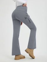 Women's grey thick fleece workwear flared pants with cargo pockets and adjustable drawstring. #color_Dark Gray