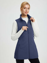 Women's navy blue mid-length woven hiking vest with a full zip and quilted stitching. #color_Navy Blue