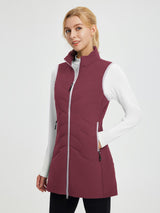 Wine-red women's mid-length woven hiking vest, silver zipper, side pockets. Worn over white shirt.