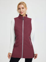 Maroon women's woven mid-length hiking vest, quilted design, zip closure, side pockets, worn over white shirt. #color_Wine Red