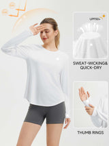 White women's long sleeve running shirt with UPF50+ sun protection, sweat-wicking fabric, and thumb rings. #color_White