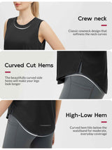 Black women's sleeveless running tank top with crew neck, curved side hems, and a high-low hem. #color_Black