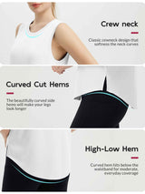 White women's sleeveless racerback running tank top with crew neck and curved high-low hem. #color_White