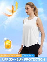 White women's sleeveless racerback running tank with UPF 50+ sun protection and quick-dry features #color_White