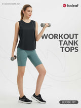 Woman in black sleeveless racerback tank top & teal shorts holding dumbbells. Baleaf "Workout Tank Tops" ad. Loose fit.