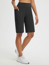 Black 12" high-rise athletic shorts with zippered side pocket for trail wear. #color_Black