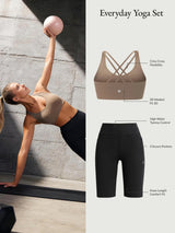 Everyday Yoga Set: taupe spaghetti strap bra & black high-rise shorts.