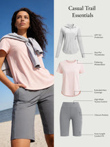 Casual Trail Essentials set: UPF 50+ jacket, pink tee, grey high-waist shorts with pockets.