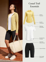 Casual Trail Essentials set: yellow UPF 50+ hooded jacket, white tee, black shorts.