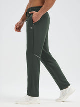 Men's dark green running dual-pocket fleece tapered pants with zippered pockets and reflective accents. #color_Army Green