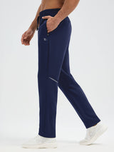 Navy blue men's running dual-pocket fleece tapered pants with zipper pockets and reflective detailing. #color_Navy Blue