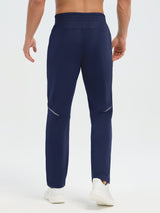 Men's navy blue fleece-lined running pants with zippered pockets and reflective details. #color_Navy Blue