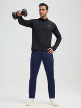 Men's black quarter-zip running shirt and navy blue tapered pants with dumbbell for cold weather workouts. #color_Navy Blue
