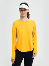 Run-Ready Comfort Set: Yellow long-sleeve running t-shirt with curved hem. #color_Yellow