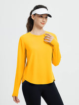 Yellow Running Cross Hem long-sleeve t-shirt with black Secret Breeze high-rise shorts. #color_Yellow