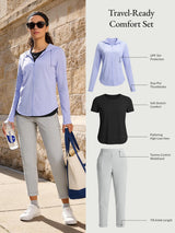 Model in Travel-Ready Comfort Set: UPF jacket, black tee, grey 7/8 trousers.