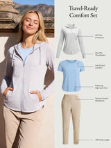 Travel Comfort Set: UPF zip jacket, blue crew tee, and tummy control trousers.