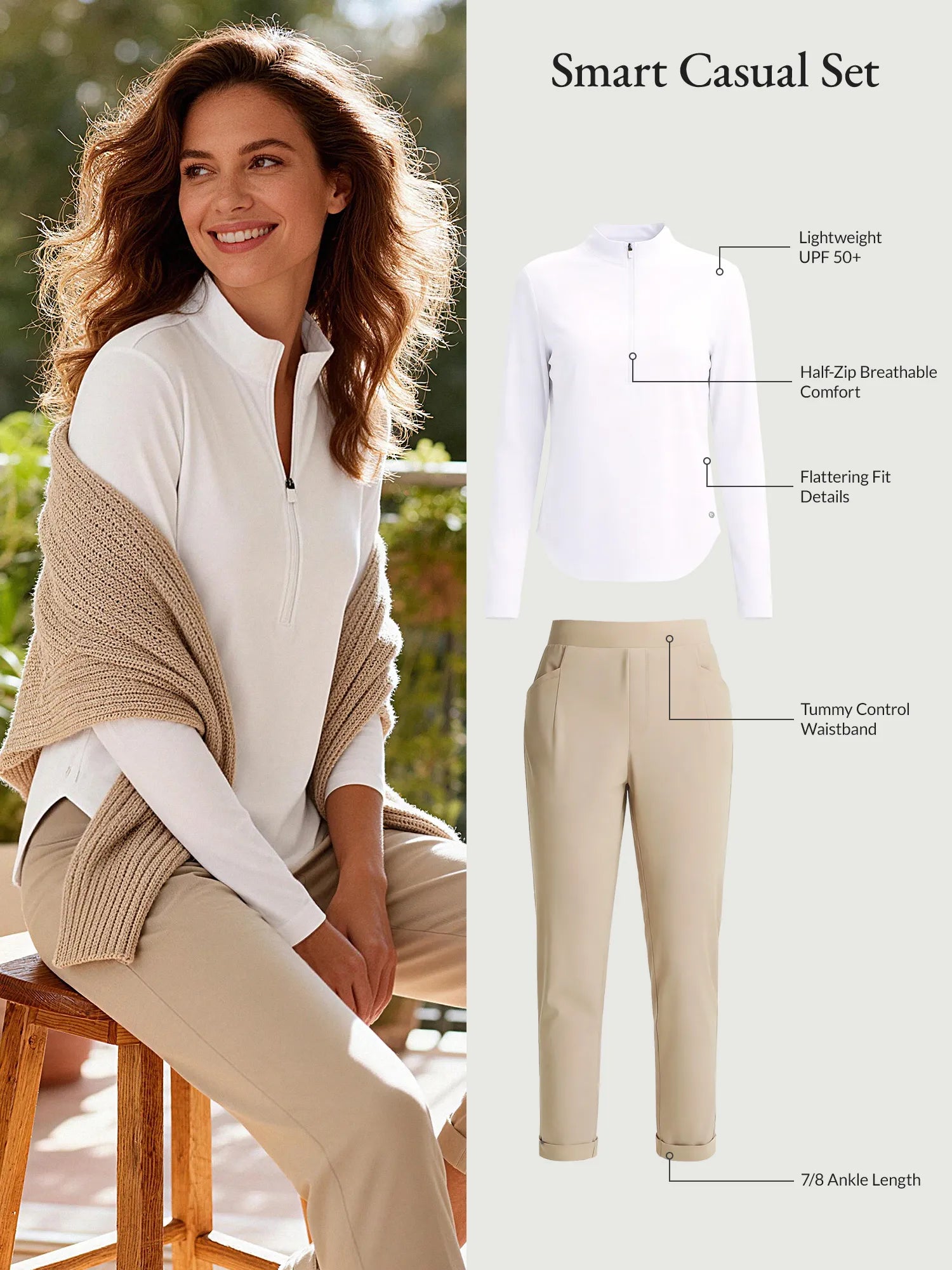 Smart casual set: white UPF 50+ half-zip tee and beige tummy control tapered trousers.