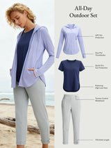 All-Day Outdoor Set: UPF 50+ hooded jacket, quick-dry shirt, 7/8 trousers.