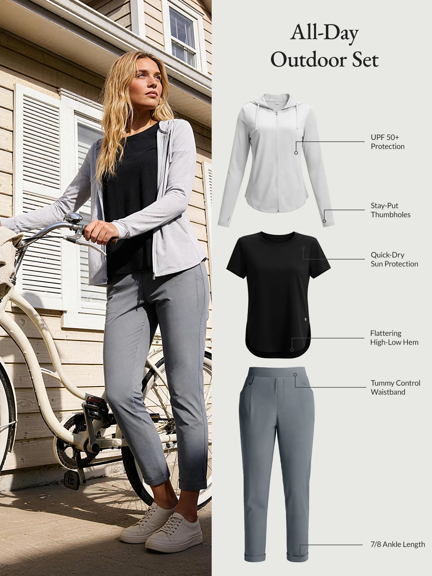All-Day Outdoor Set: UPF 50+ jacket, quick-dry tee, tummy control trousers for travel.