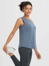 Heather blue racerback open back tank top for women, ideal for yoga and running #color_Heather Blue