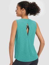 Teal racerback tank top with open back detail, showing a black sports bra strap. #color_Heather Green