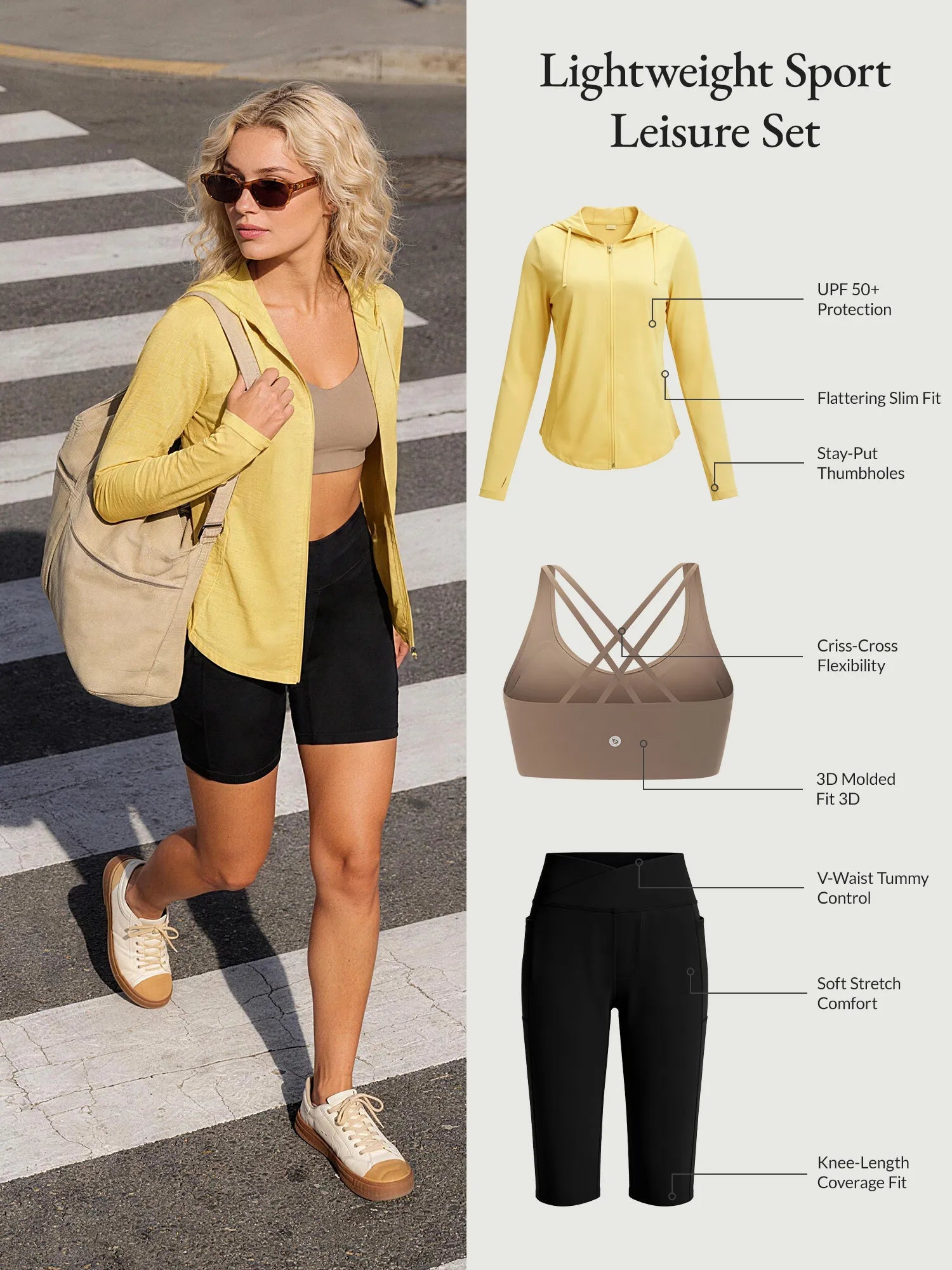 Lightweight sport leisure set: yellow UPF jacket, beige bra, black shorts. Features shown.