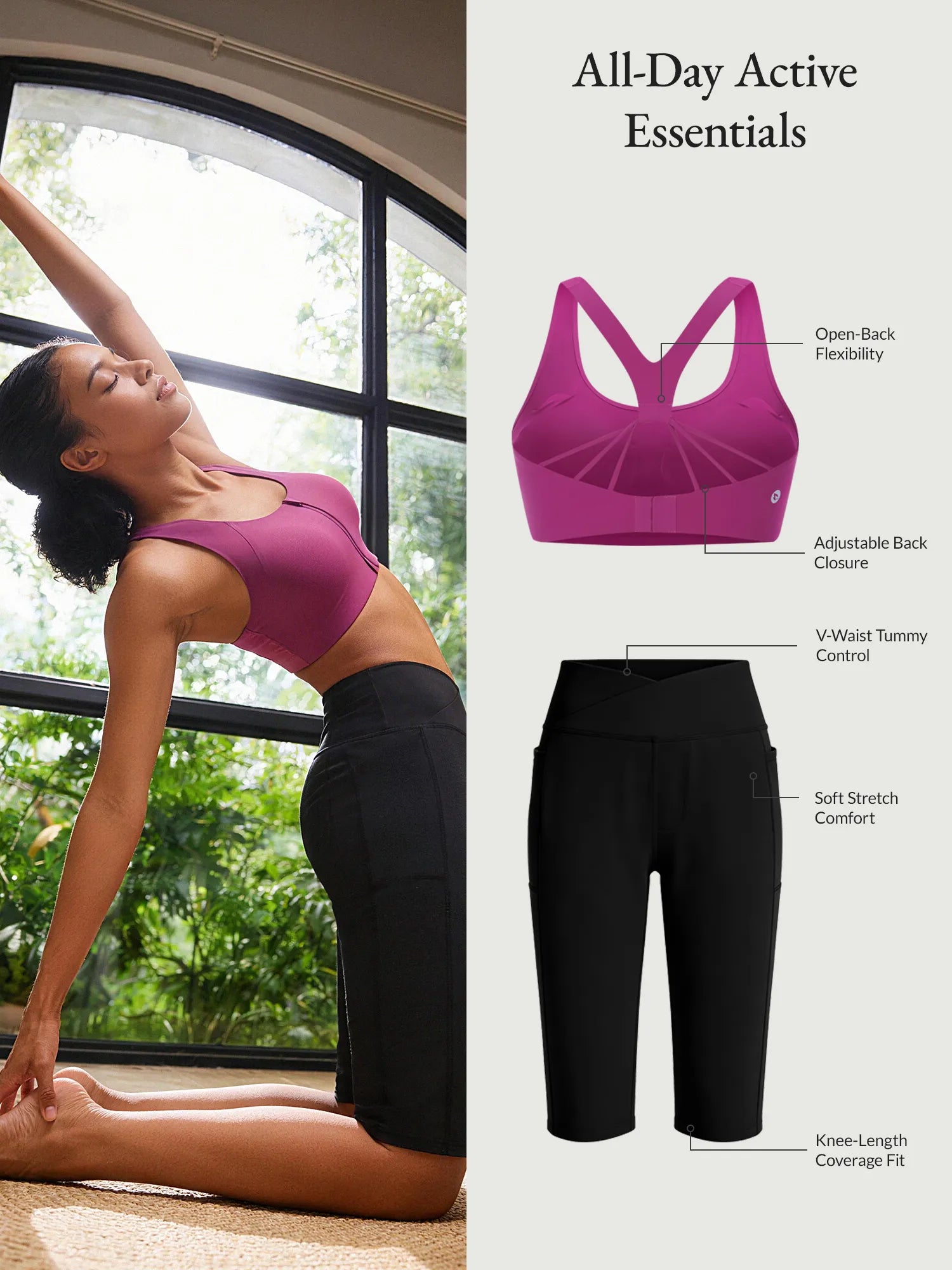 All-Day Active Essentials set: magenta sports bra & black Bermuda shorts for yoga & sports.
