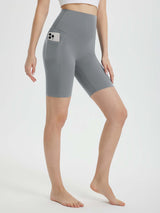 Women's 8" super high-waisted biker shorts in gray with phone pocket. #color_Dark Gray